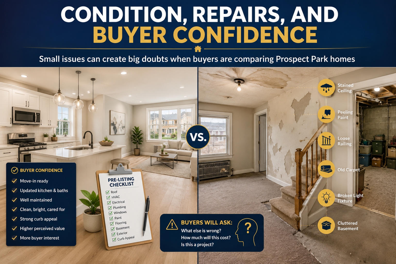 Prospect Park NJ home condition comparison showing a move-in ready interior beside a home needing repairs, highlighting buyer confidence, stained ceilings, peeling paint, old carpet, loose railings, and pre-listing repair concerns.