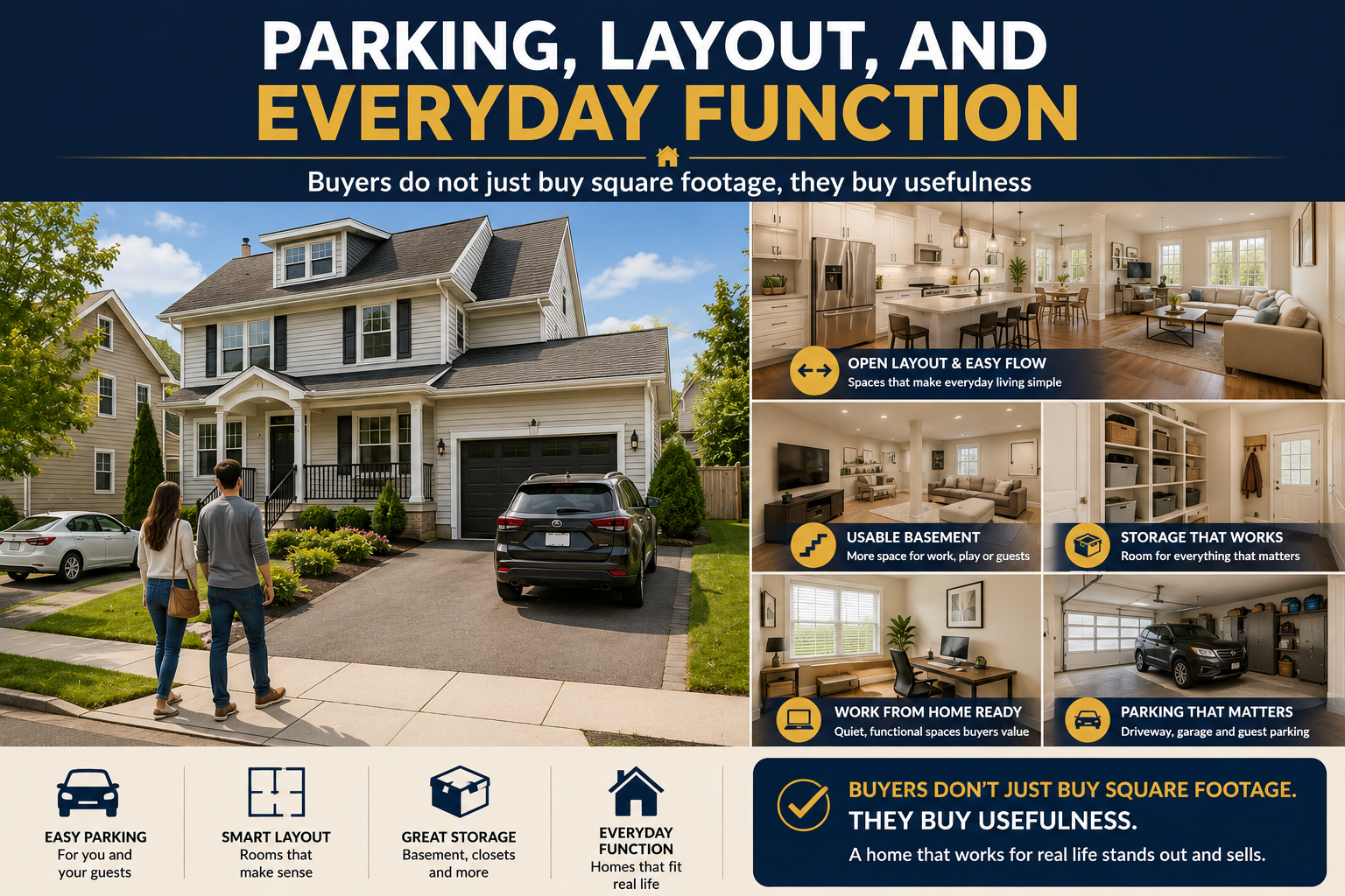 Prospect Park NJ home with driveway, garage, open kitchen, usable basement, storage, and work-from-home space, showing how parking, layout, and everyday function can increase buyer demand and home value.