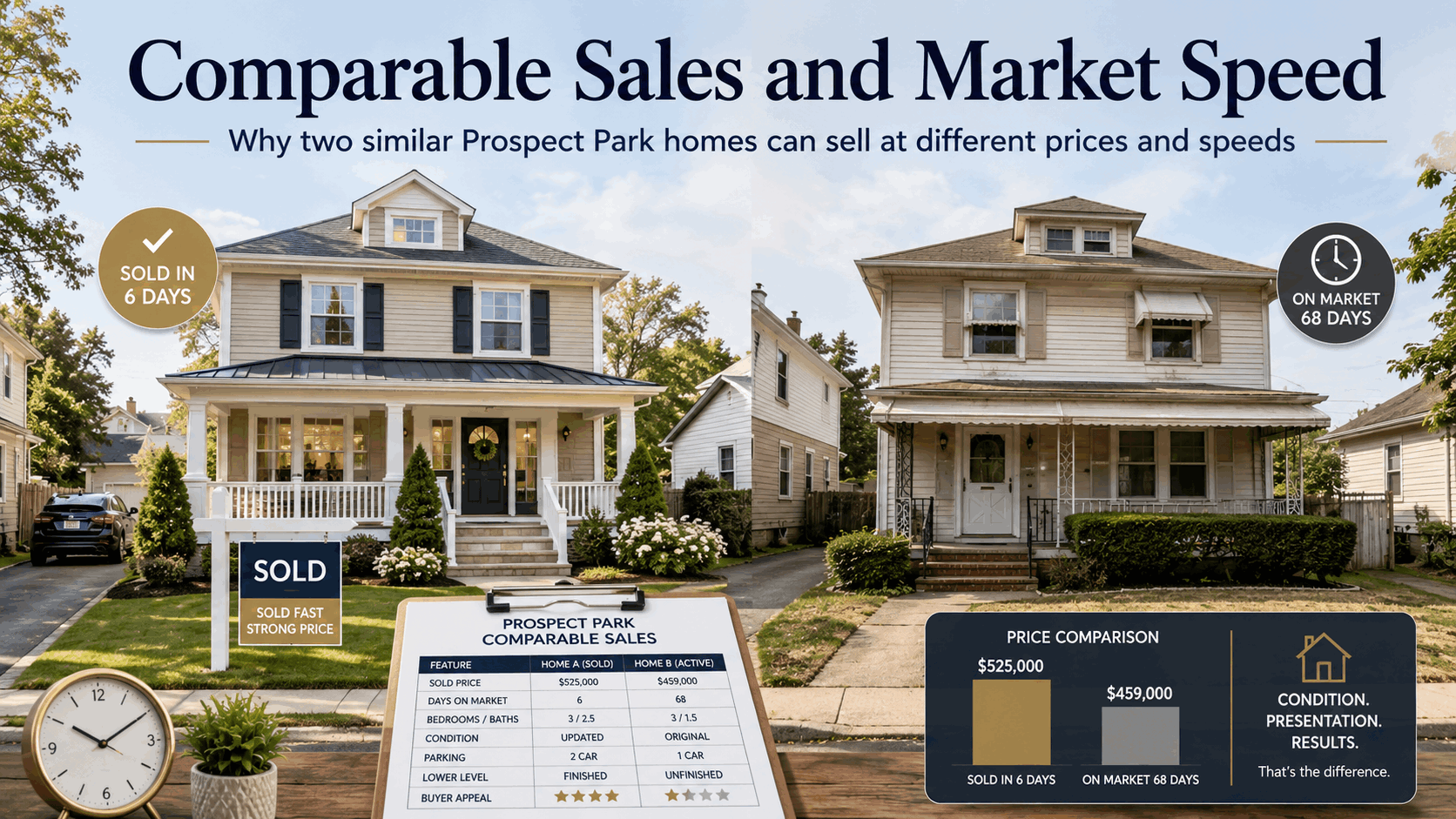 Two similar Prospect Park NJ homes compared side by side, showing how comparable sales, condition, presentation, parking, updates, and days on market can affect home value and selling speed.