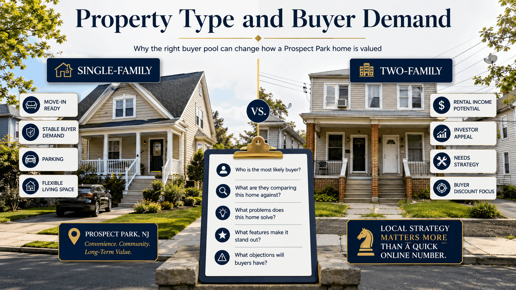Single-family and two-family homes in Prospect Park NJ compared side by side, showing how property type, buyer demand, rental income potential, parking, condition, and local strategy can affect home value.