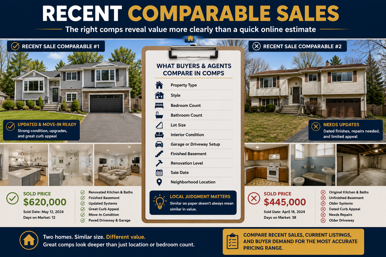North Haledon NJ recent comparable sales comparison showing two similar homes with different values based on condition, renovations, finished basement, garage setup, curb appeal, sale date, and buyer demand.