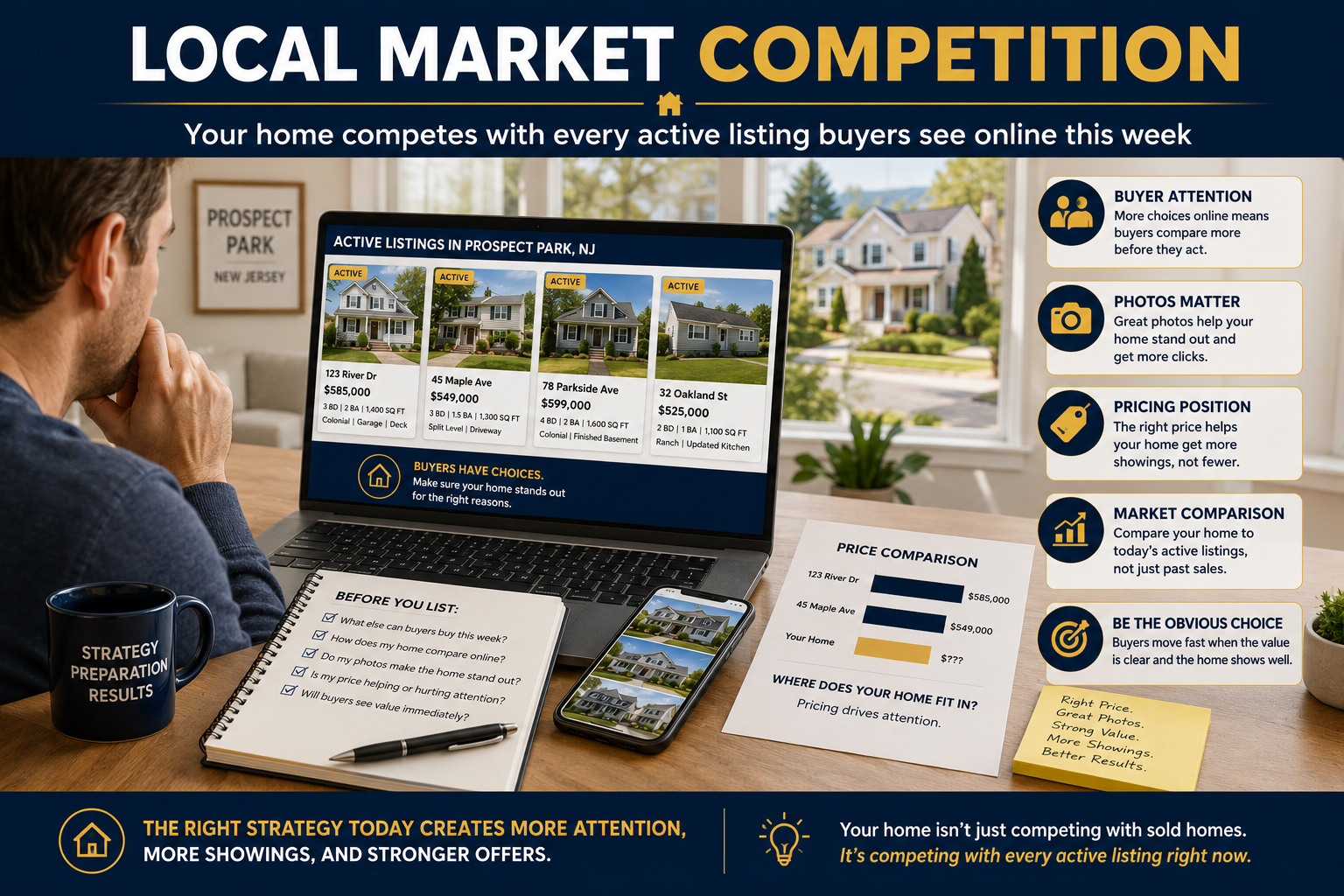 Prospect Park NJ seller reviewing active listings online, showing how local market competition, pricing, buyer attention, photos, and current homes for sale can affect home value and selling strategy.
