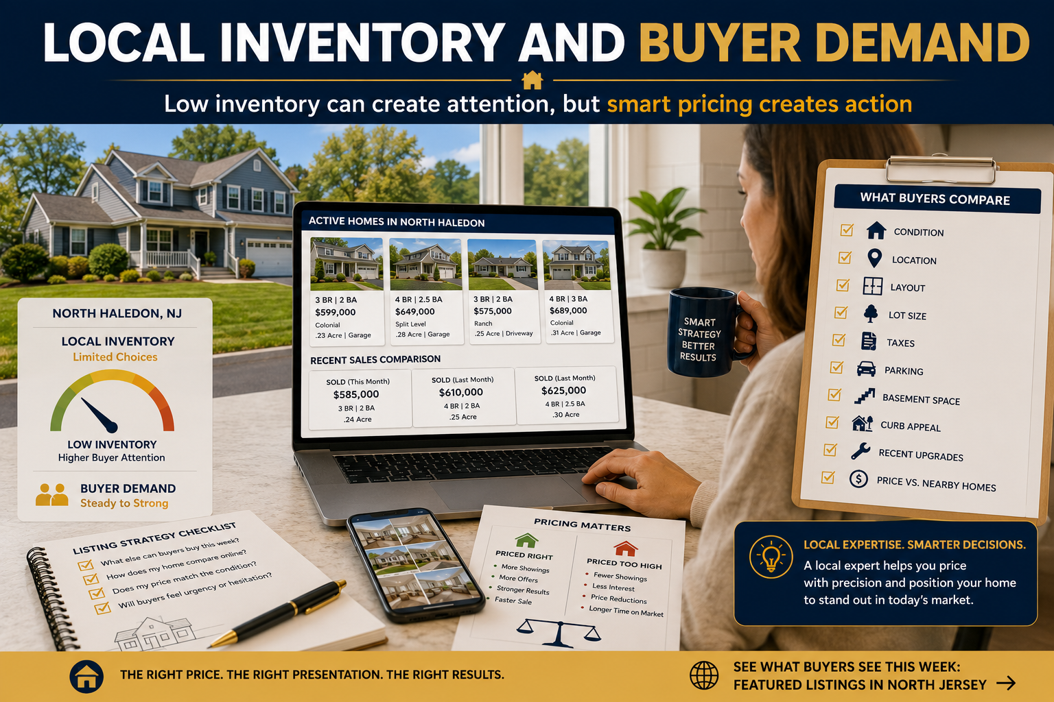 North Haledon NJ homeowner reviewing local inventory and buyer demand on a laptop, showing how low housing supply, active listings, pricing strategy, condition, taxes, parking, and curb appeal can affect home value in 2026.
