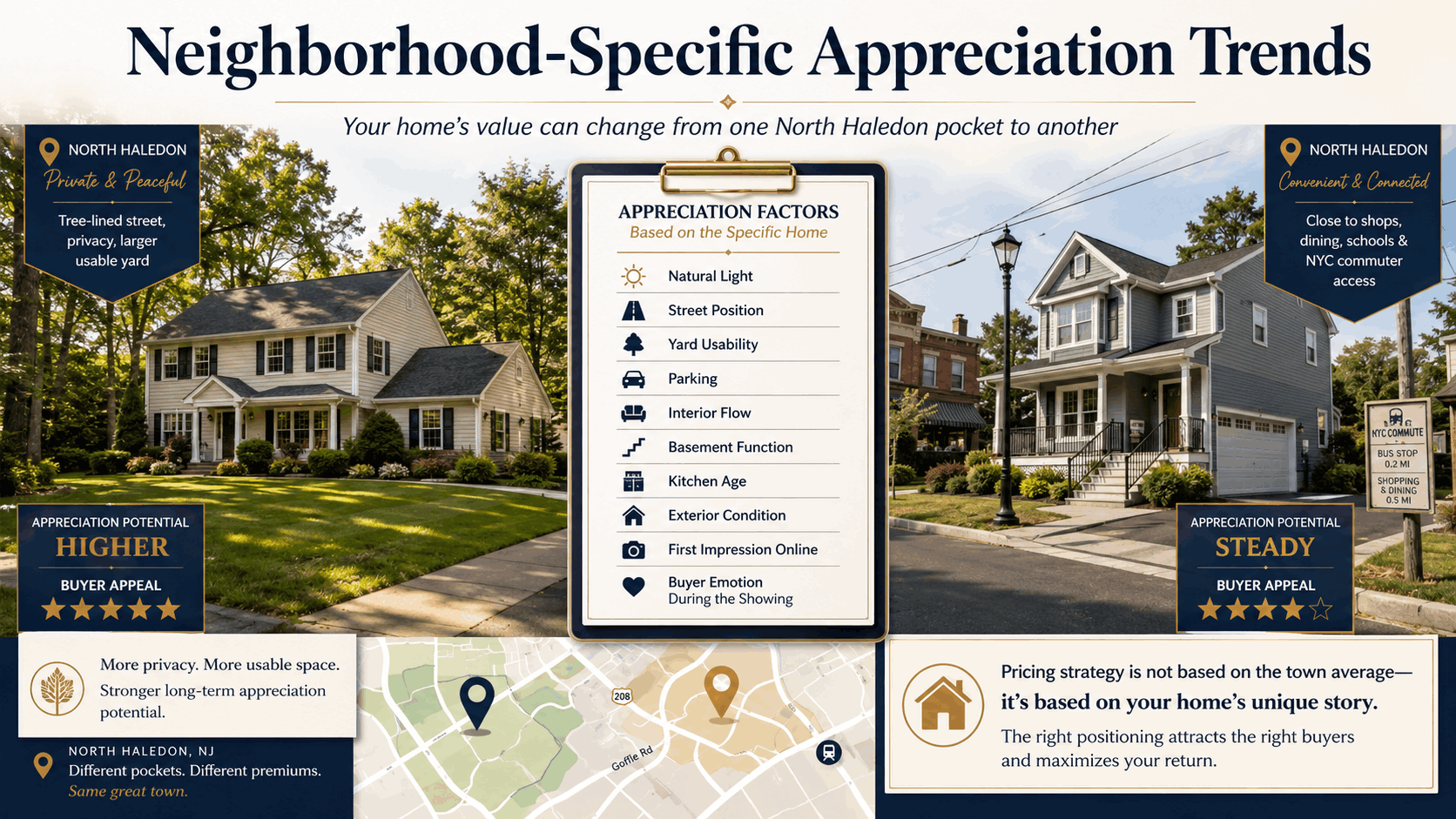 North Haledon NJ neighborhood appreciation trends showing two homes in different local pockets, highlighting how privacy, commute access, yard usability, parking, natural light, basement function, curb appeal, and buyer confidence can affect home value in 2026.