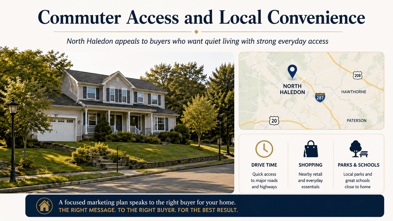 Clean North Haledon NJ real estate graphic showing a suburban home, local map, drive time, shopping, parks, and schools, highlighting how commuter access and everyday convenience affect buyer demand and home value in 2026.
