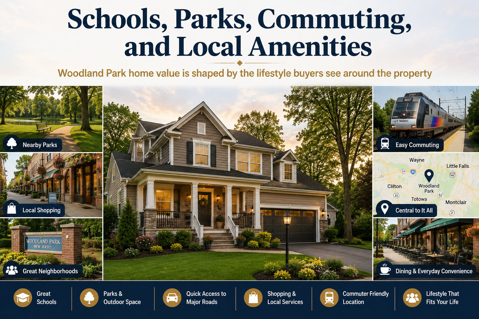 Woodland Park NJ home surrounded by parks, shopping, commuting options, nearby towns, and local amenities, showing how lifestyle convenience can influence buyer demand and home value.