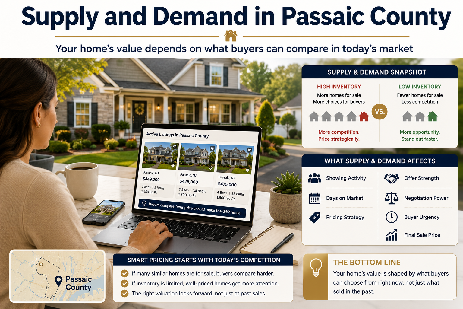 Passaic County supply and demand real estate graphic showing a homeowner comparing active listings, inventory levels, buyer competition, showing activity, pricing strategy, days on market, negotiation power, and buyer urgency.