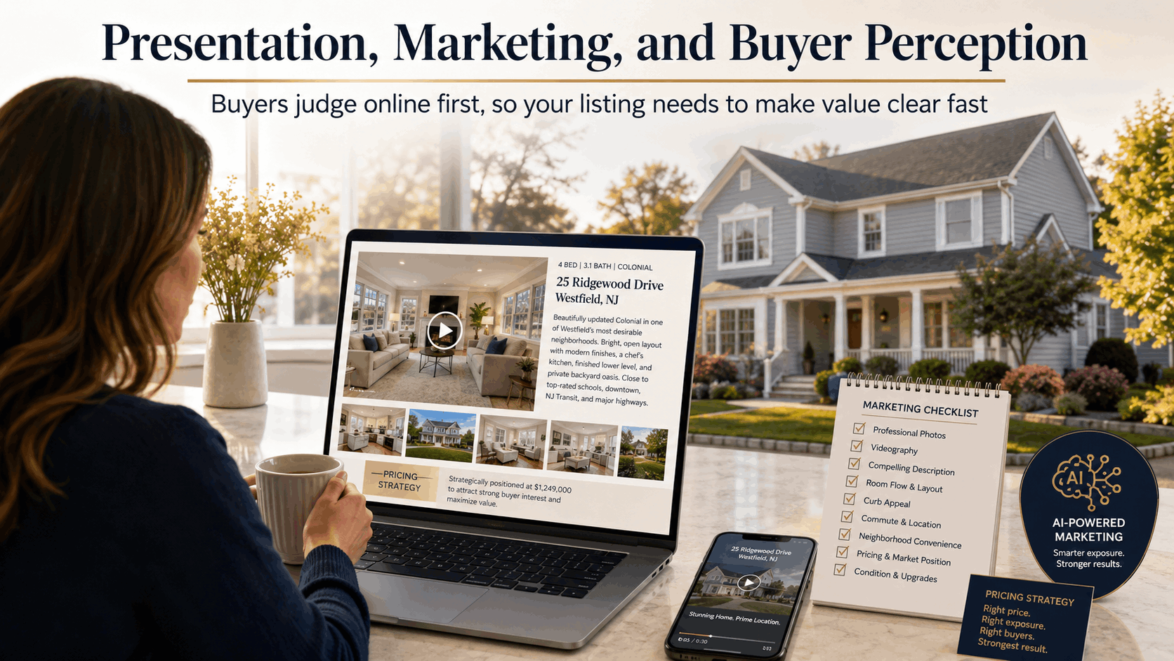 North Jersey real estate marketing graphic showing a seller reviewing professional listing photos, video, pricing strategy, AI-powered marketing, curb appeal, listing description, and buyer perception before a home goes live online.