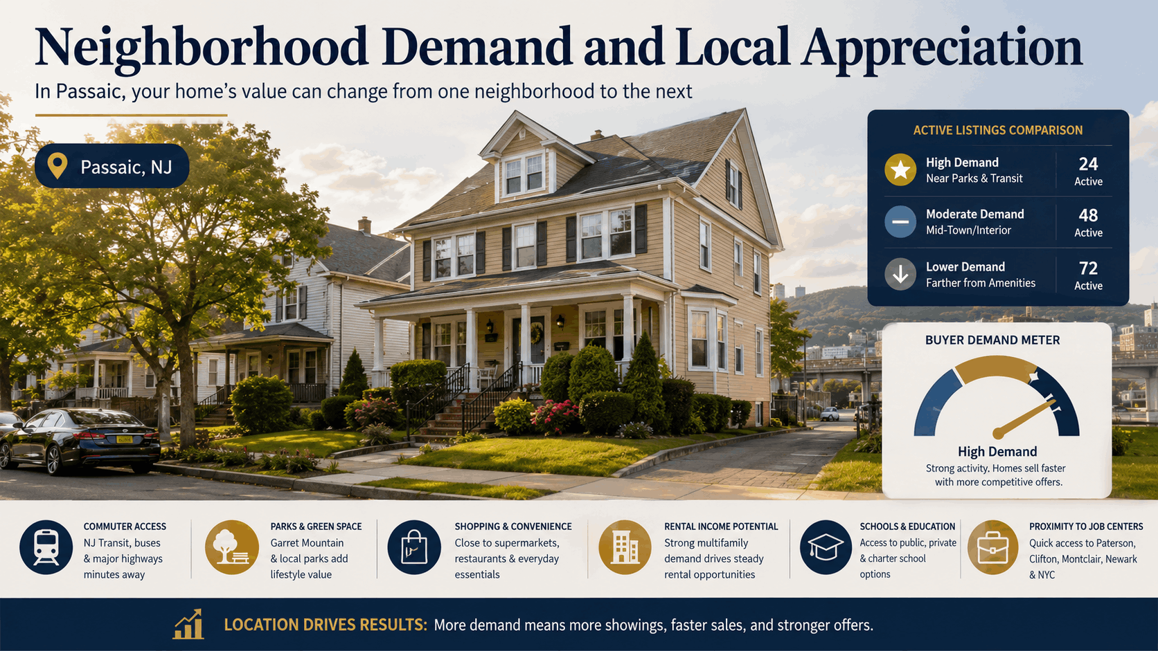 Passaic NJ neighborhood demand and local appreciation graphic showing how commuter access, parks, shopping, schools, rental income potential, nearby job centers, buyer demand, and active listings can influence home value in 2026.