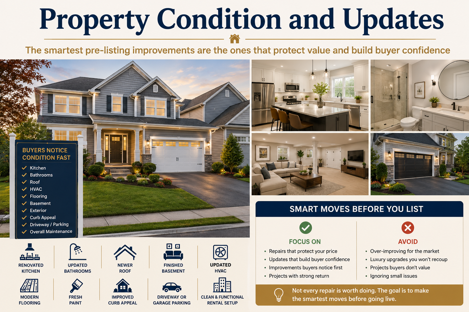 Passaic NJ home condition and updates graphic showing renovated kitchen, updated bathrooms, newer roof, finished basement, HVAC, modern flooring, curb appeal, driveway parking, and smart pre-listing repairs that build buyer confidence.