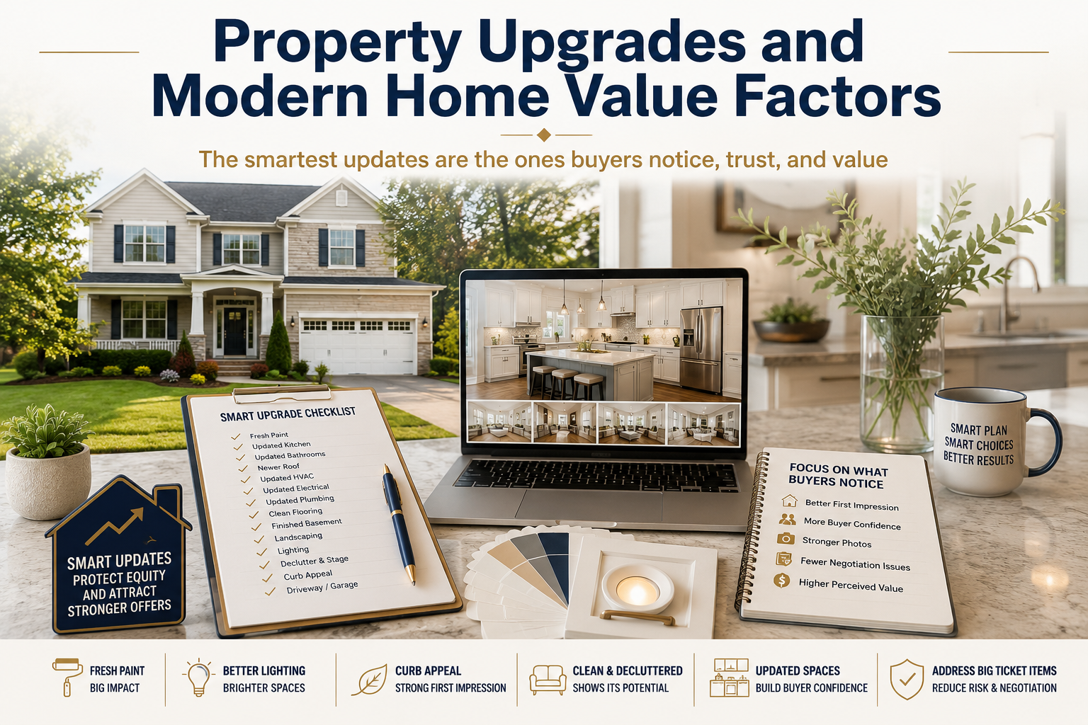 Woodland Park NJ home upgrade planning scene showing professional listing photos, smart repair checklist, fresh paint, lighting, curb appeal, updated kitchen, clean staging, and buyer confidence factors that can help protect home equity.