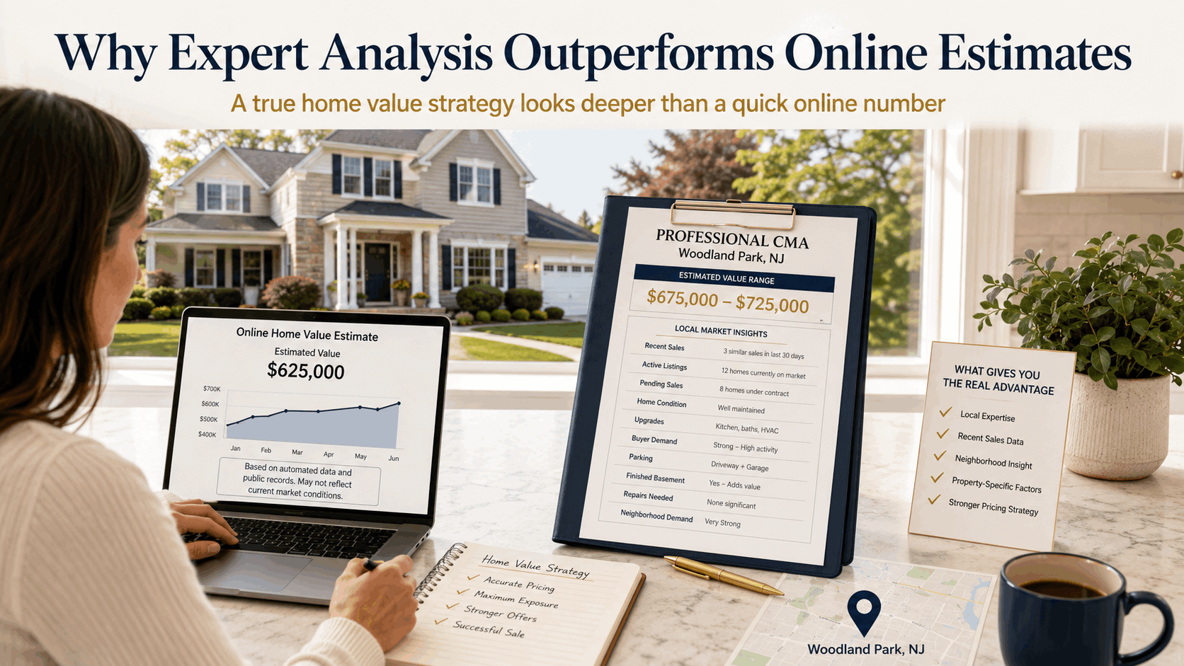 Woodland Park NJ homeowner comparing an online home value estimate with a professional CMA, showing how expert analysis, local comps, active listings, condition, upgrades, parking, finished basement, and buyer demand create a stronger pricing strategy.