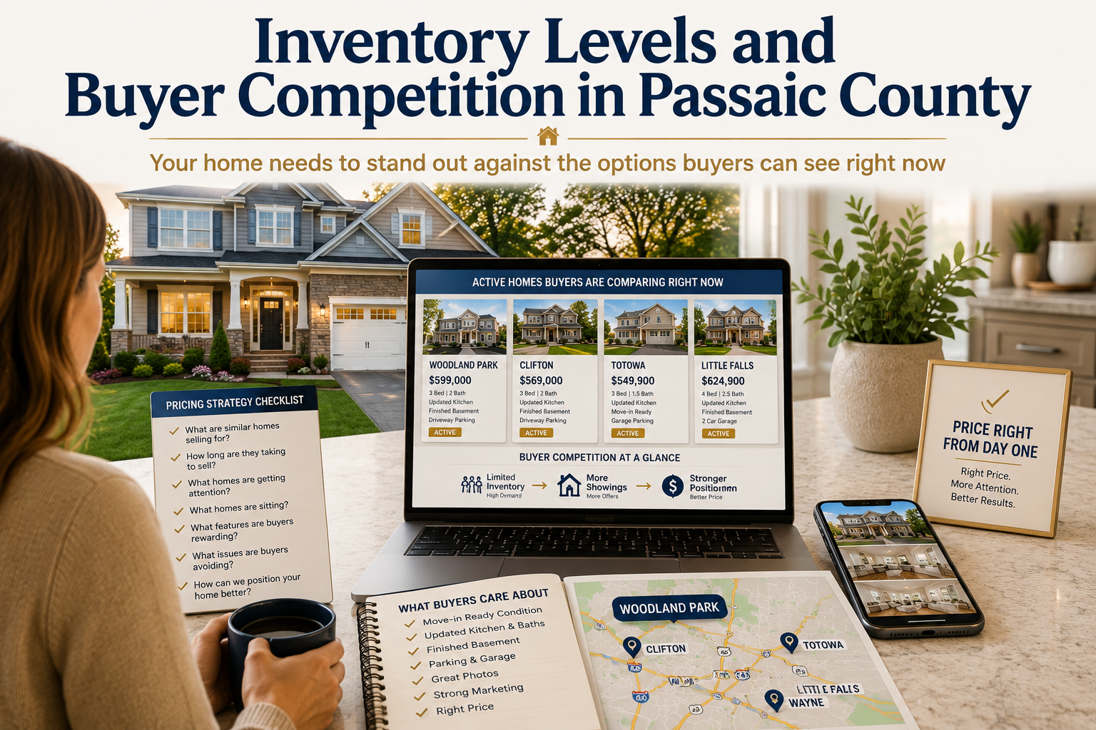 Woodland Park NJ seller reviewing active listings in Passaic County, showing how inventory levels, buyer competition, pricing strategy, nearby towns, listing photos, parking, updates, and current market options affect home value.