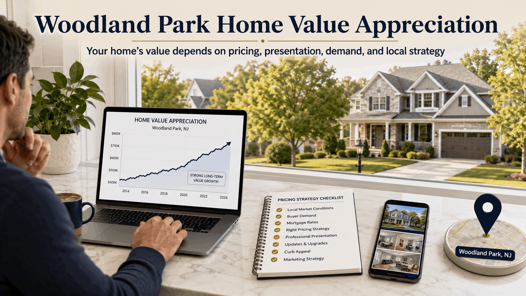 Woodland Park NJ homeowner reviewing home value appreciation on a laptop, showing how pricing strategy, buyer demand, mortgage rates, curb appeal, professional photos, updates, and local market conditions affect home value in 2026.