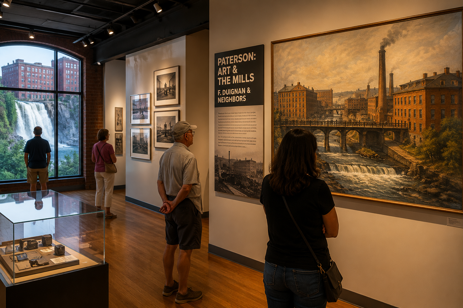 Visitors viewing Paterson mill history artwork inside The Paterson Museum with Great Falls and historic brick buildings in the background.