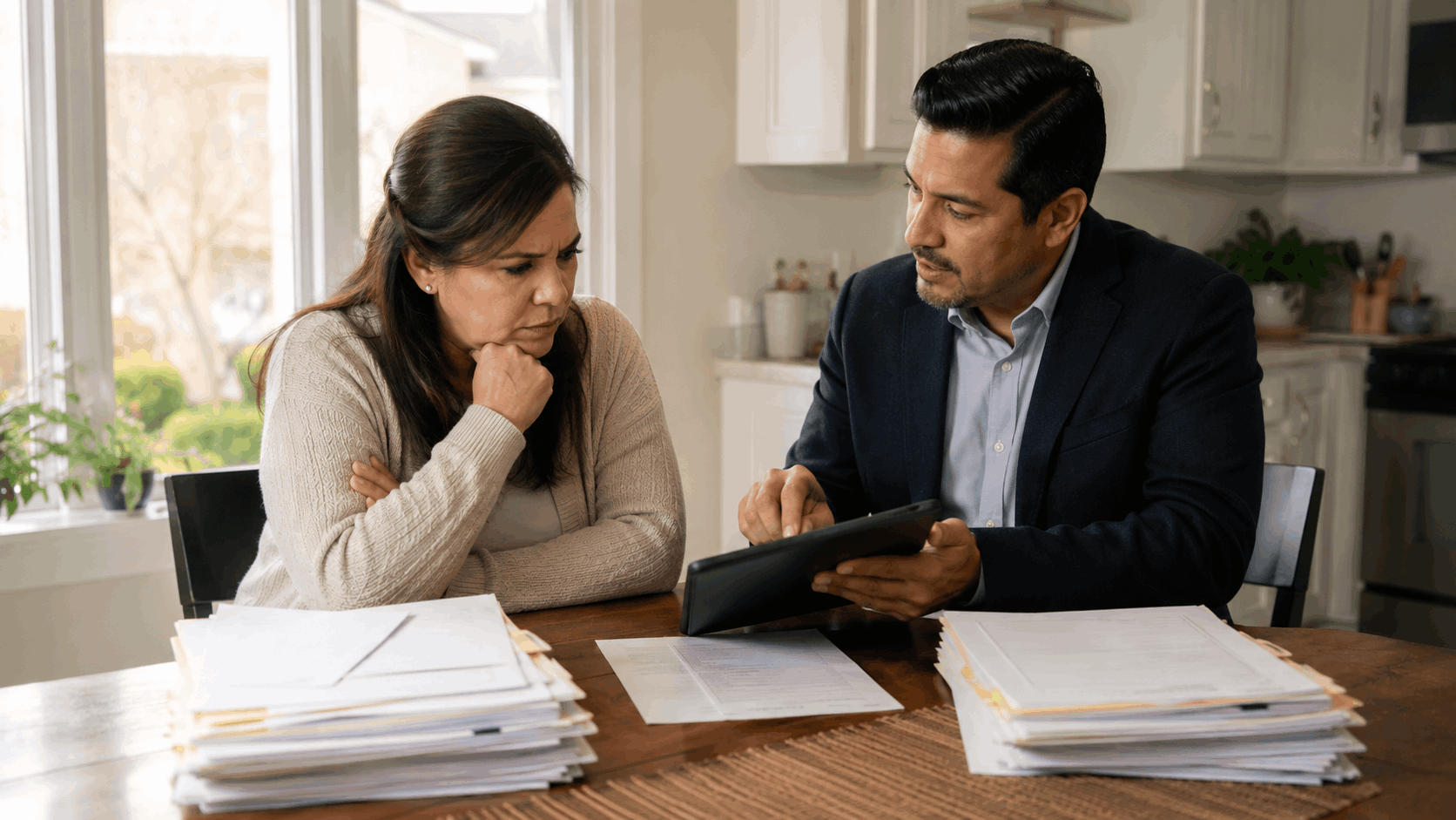 New Jersey homeowner reviewing short sale and foreclosure options with a real estate advisor at a kitchen table.