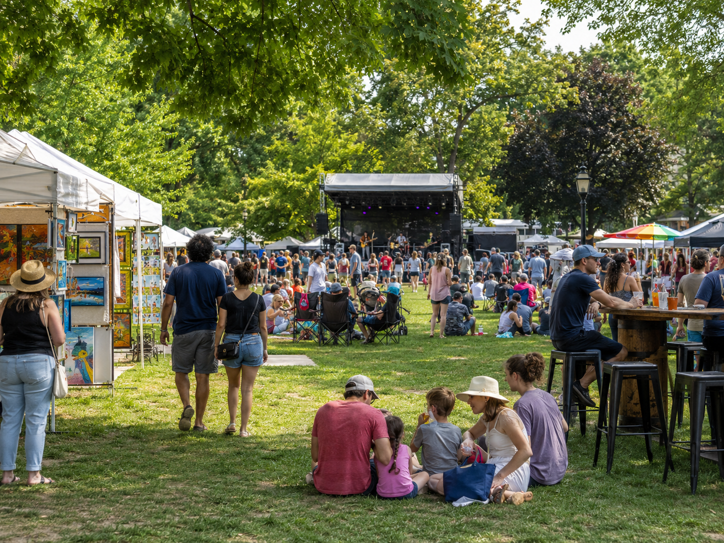 Maplewoodstock Music and Arts Festival in Maplewood with families, art vendors, food tents, and live music in a North Jersey park.