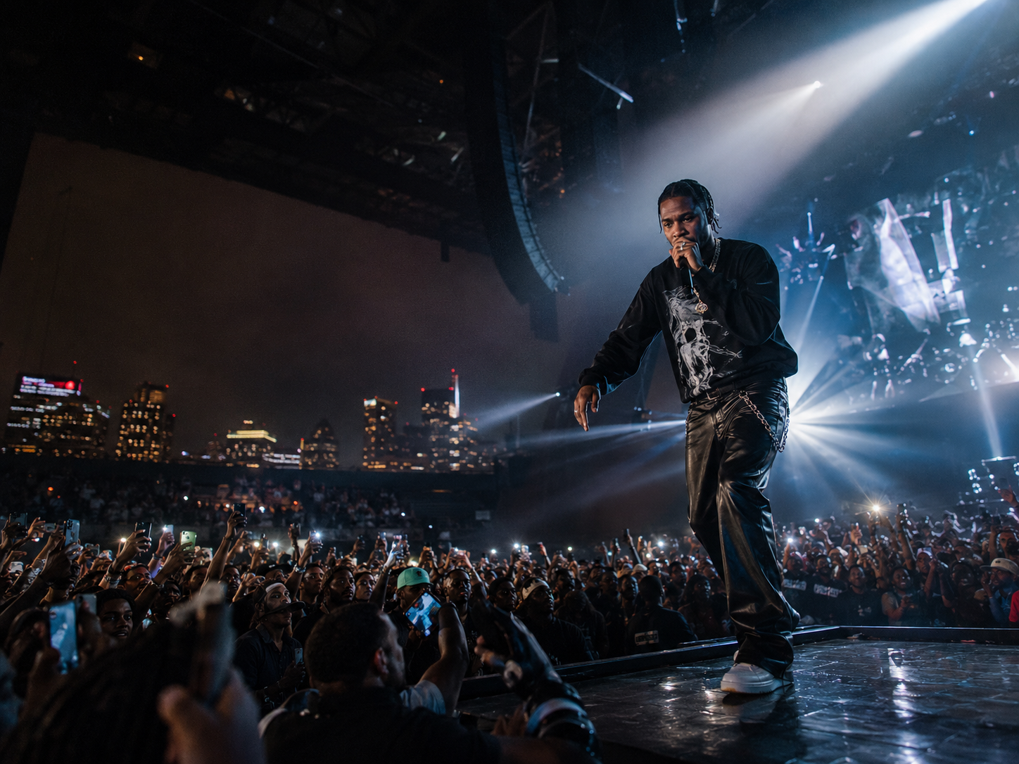 A$AP Rocky concert night at Prudential Center in Newark with a packed crowd, stage lights, and North Jersey entertainment energy.