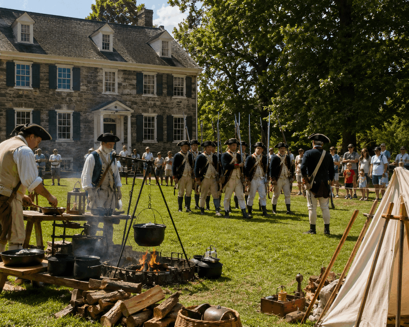 Living History Day at Dey Mansion in Wayne with Revolutionary War reenactors, open-fire cooking, and families watching in Passaic County.
