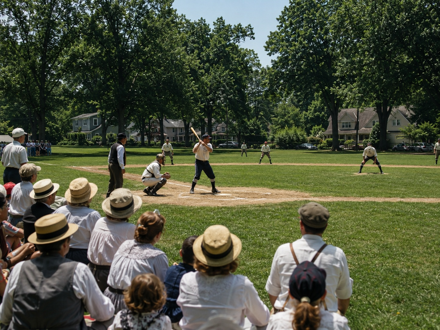 Vintage baseball game at Kenneth B. George Park in River Edge with families watching players in period uniforms in a Bergen County park.