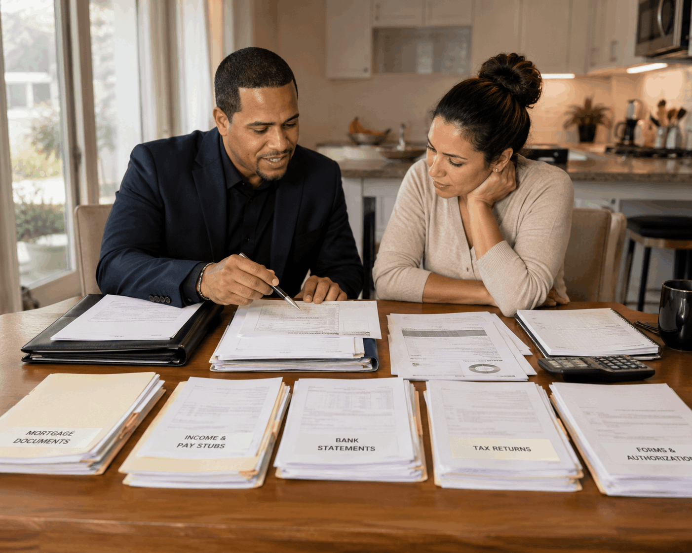 Homeowner reviewing short sale documents with a real estate advisor at a table, including organized mortgage and financial paperwork.