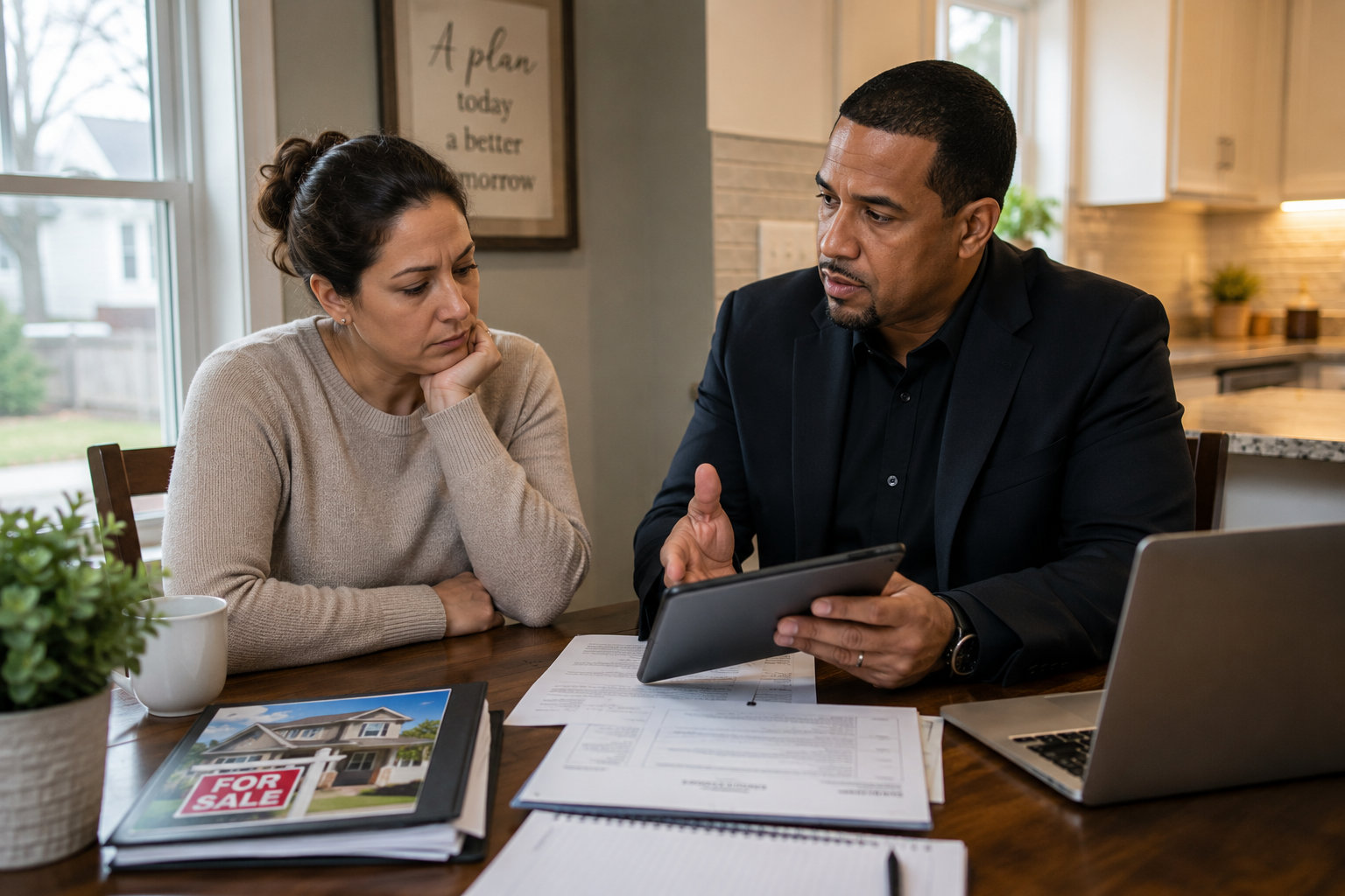 Homeowner reviewing options to sell before foreclosure with a real estate professional in a North Jersey home.