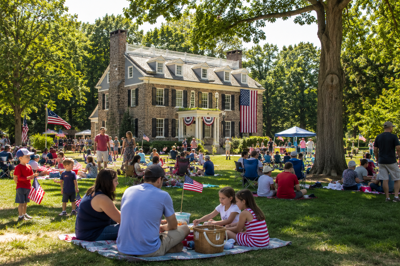 Independence Day Picnic at Dey Mansion in Wayne with families enjoying a patriotic summer event on the lawn of a historic Passaic County landmark.