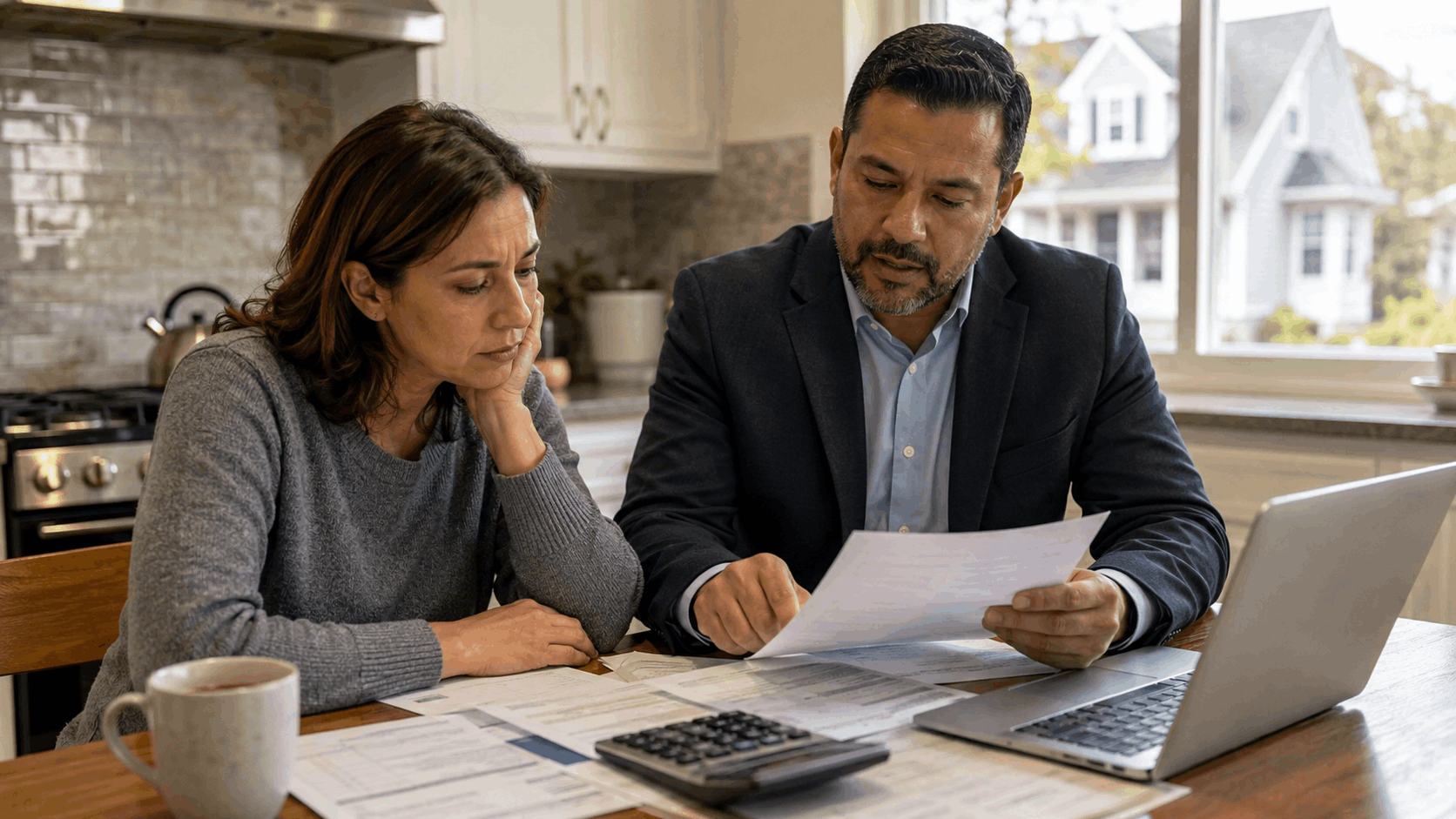 Latino real estate agent reviewing short sale paperwork with a South Hackensack NJ homeowner facing mortgage hardship.