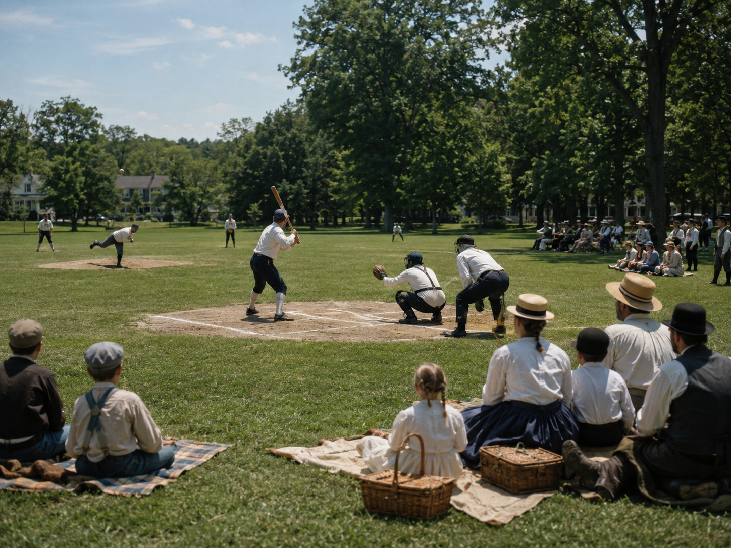 19th-century baseball game at Great Meadow Picnic Area in Woodland Park with families watching a vintage baseball double-header in Passaic County.
