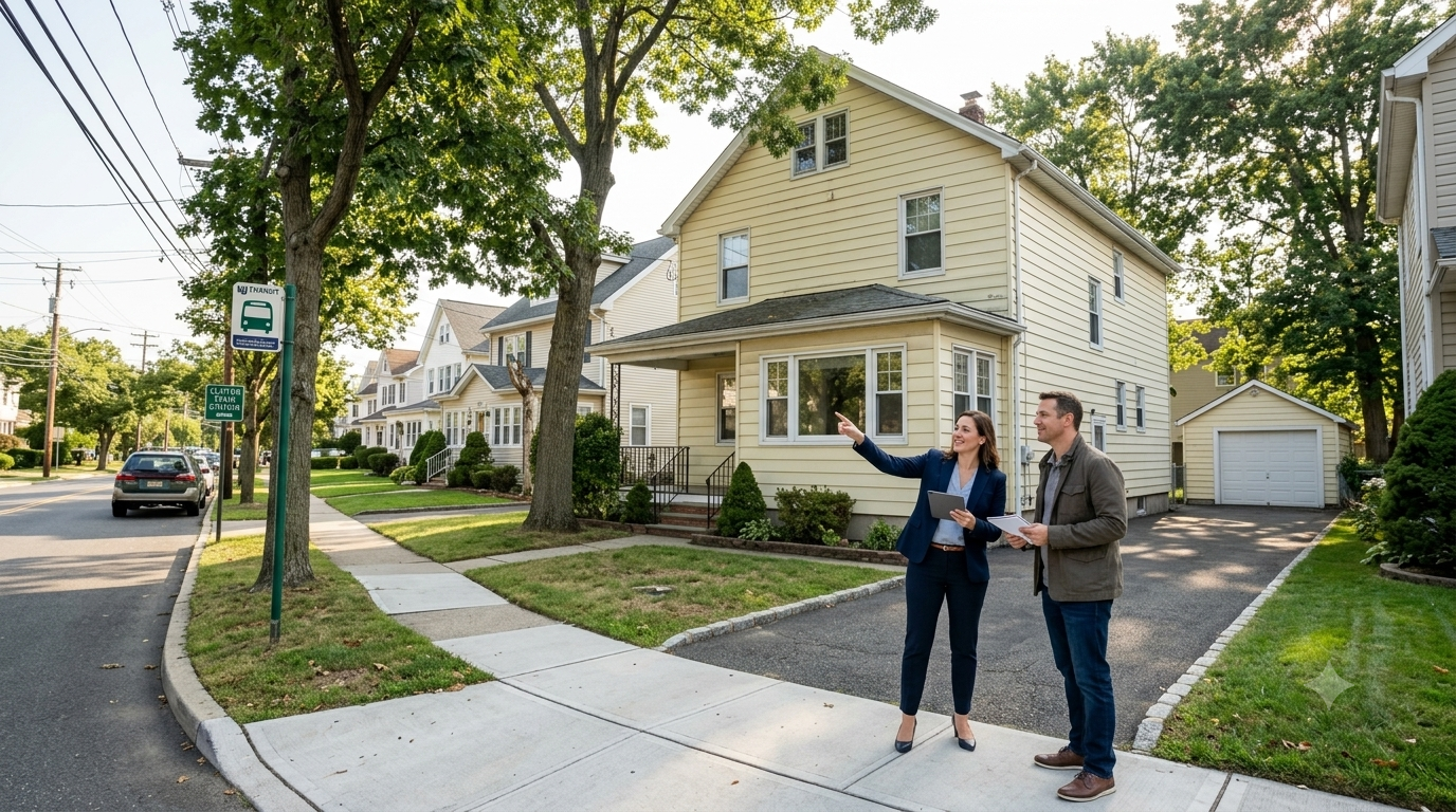 Real estate agent showing a buyer the potential of a Clifton NJ fixer-upper home near transit, with strong location, layout, lot size, and marketing value.