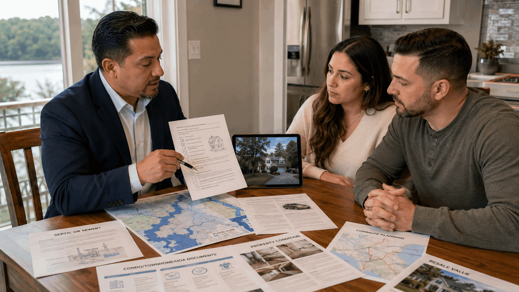 First-time home buyers reviewing Wanaque NJ flood zone maps, inspection checklist, HOA documents, and property details with a North Jersey real estate agent.