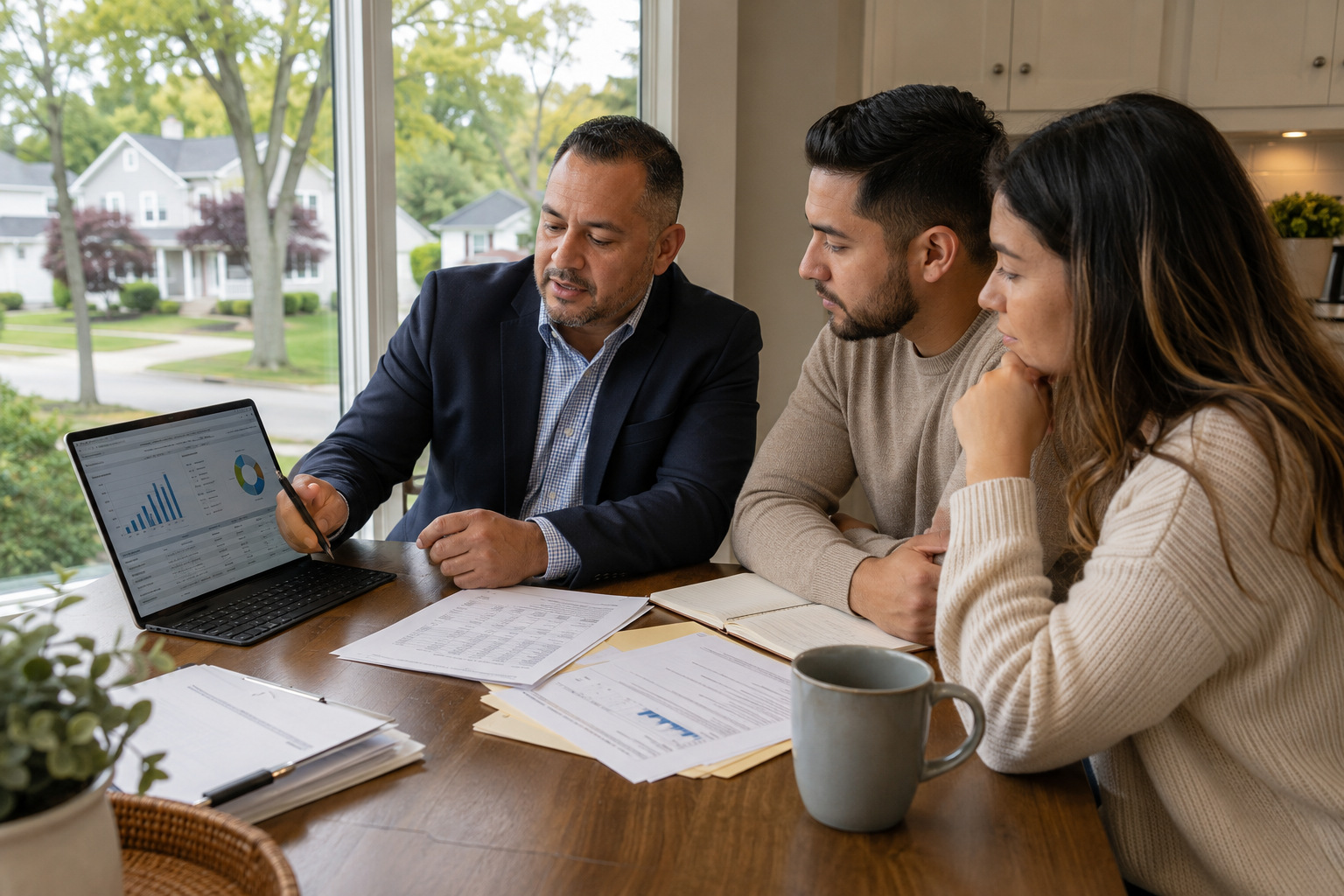 North Jersey Realtor reviewing Wanaque NJ home affordability numbers with first-time buyers at a kitchen table in a quiet suburban neighborhood.