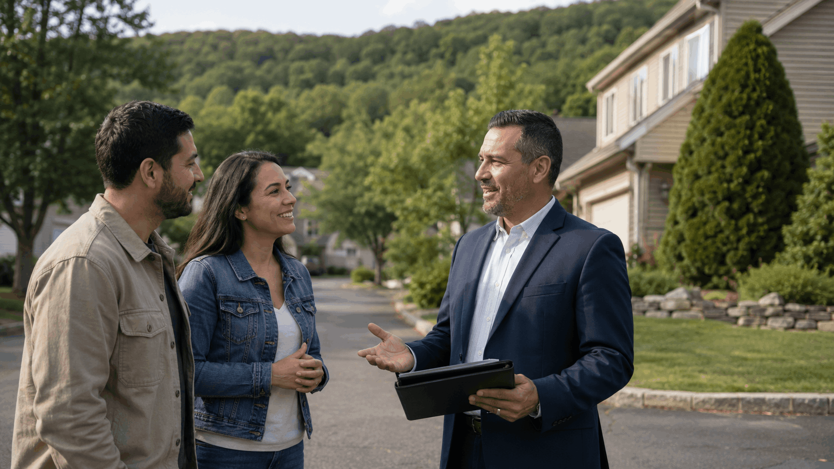 First-time home buyers meeting with a North Jersey Realtor in a quiet Wanaque NJ neighborhood with trees, hills, and suburban homes.