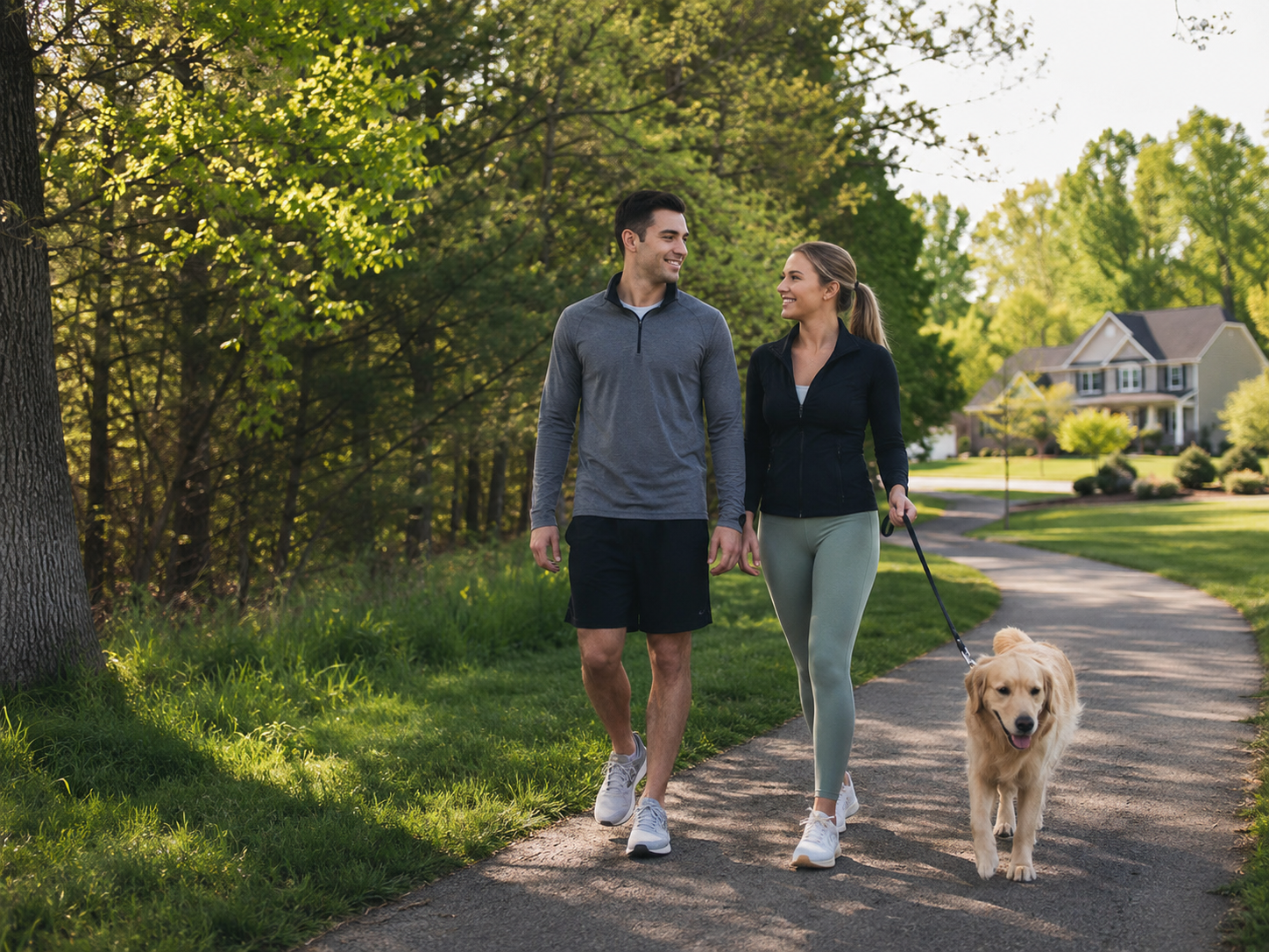 First-time buyers walking on a peaceful park trail in Wanaque NJ, highlighting outdoor living, local parks, and a relaxed Passaic County lifestyle.
