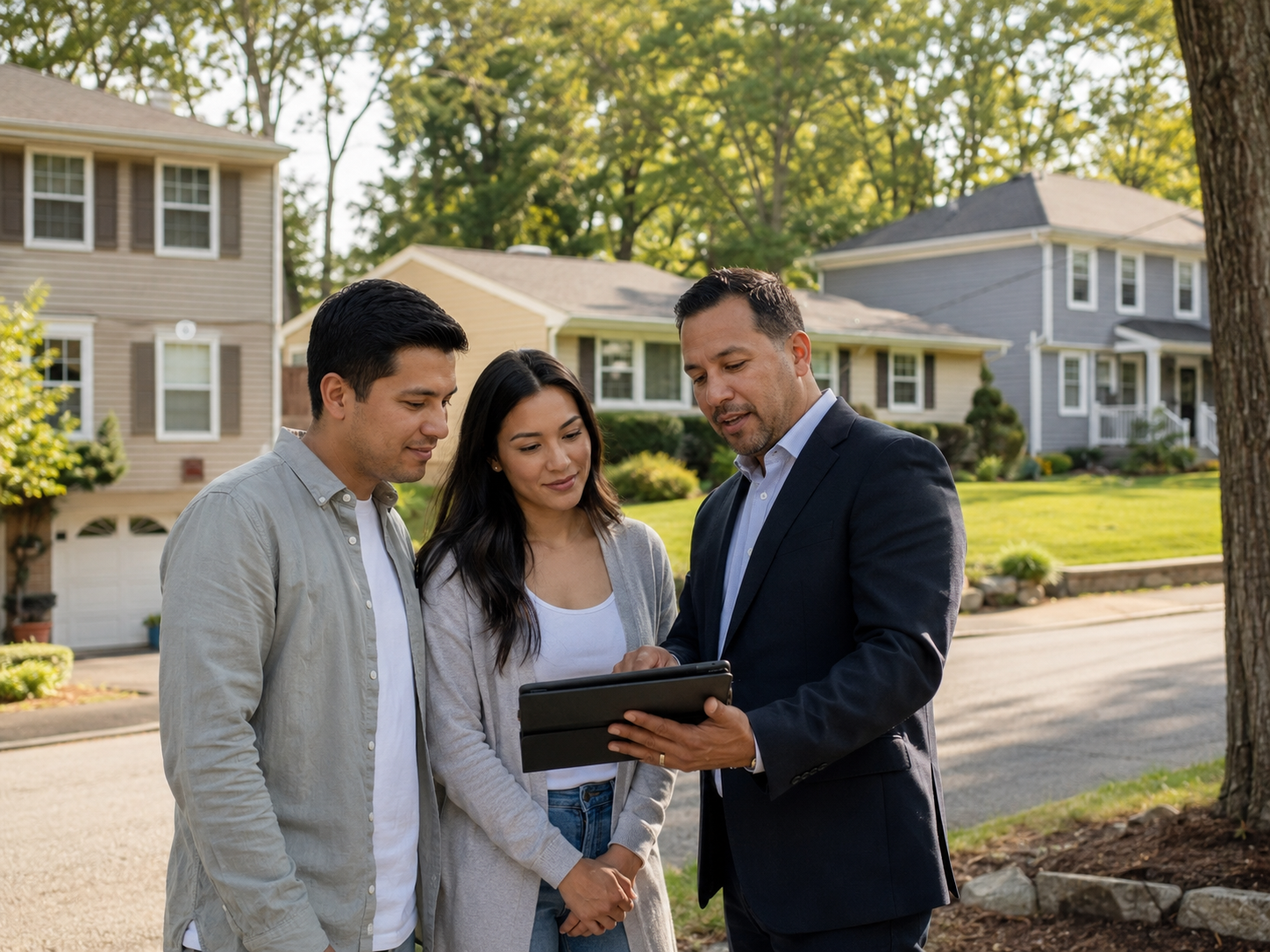 First-time home buyers reviewing Wanaque NJ home options with a North Jersey real estate agent in a quiet suburban neighborhood.