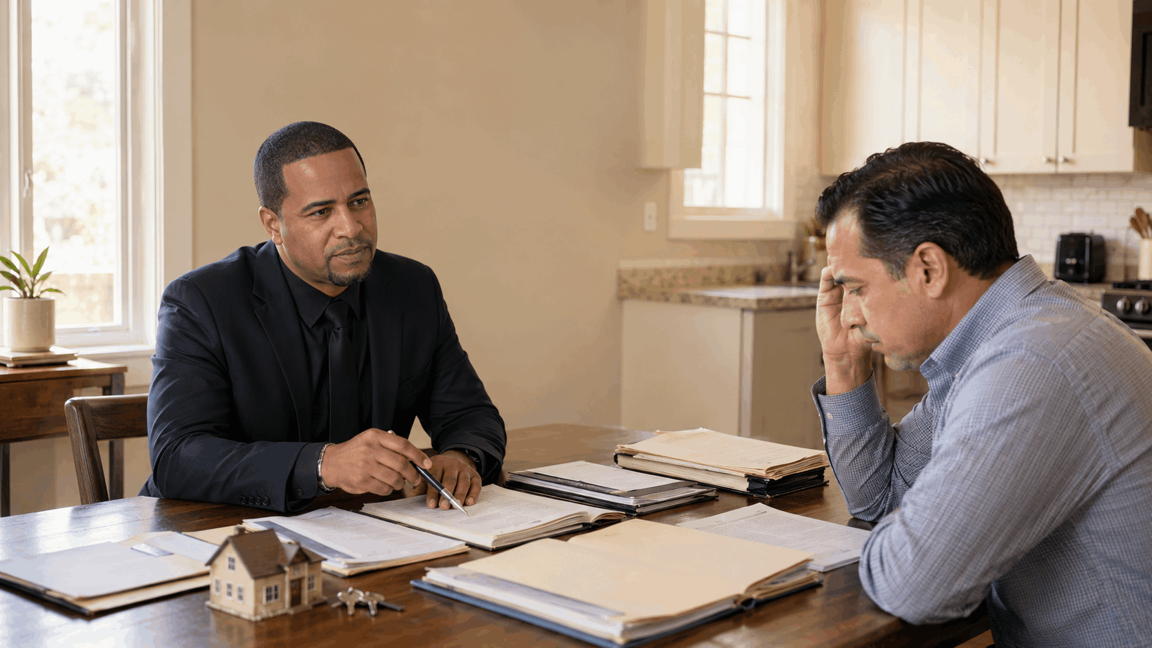 Confident Latino real estate professional explains New Jersey probate documents to a concerned beneficiary before selling an inherited home.