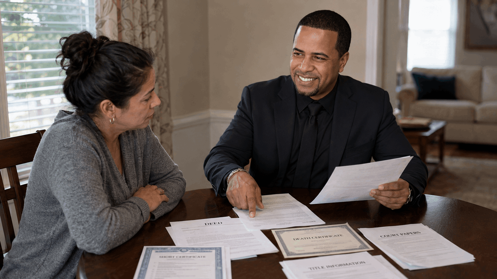 Latino real estate professional reviewing probate documents and a Short Certificate with a beneficiary before signing a New Jersey listing agreement.