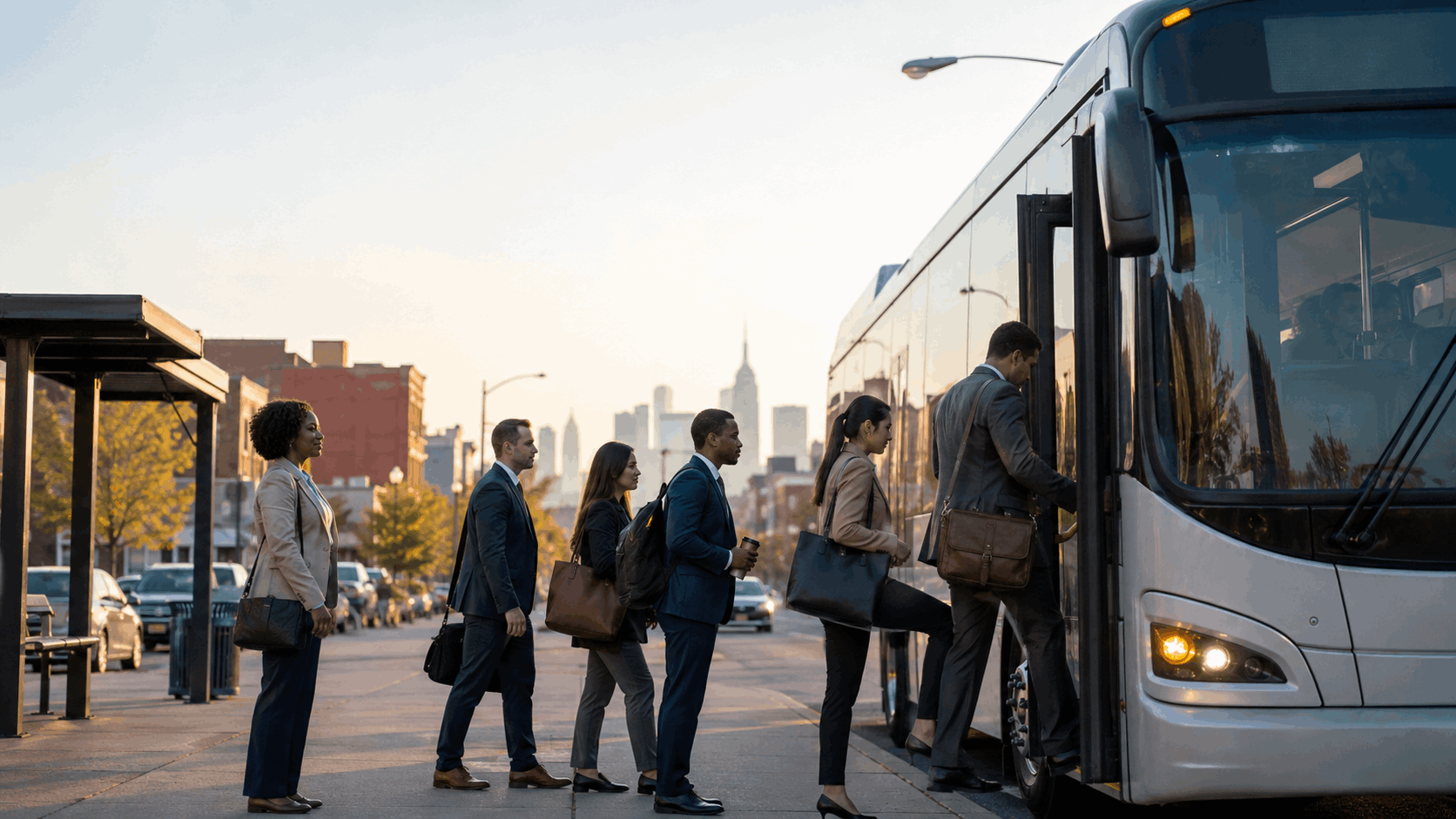 Professional commuters boarding a bus in Passaic, NJ, for a morning trip to Midtown Manhattan and the Port Authority Bus Terminal.