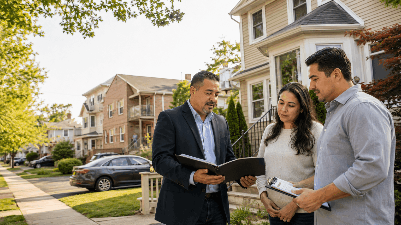 Latino real estate professional reviewing probate property documents with family members outside a North Jersey home in Clifton, Passaic, or Bergen County.