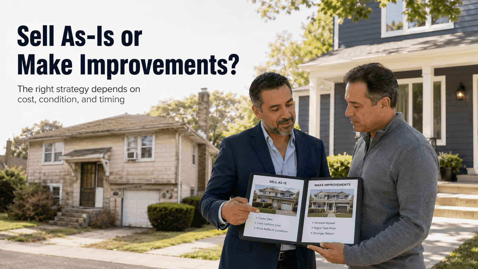Real estate professional comparing selling a Totowa, NJ home as-is versus making improvements with a homeowner outside two North Jersey houses.