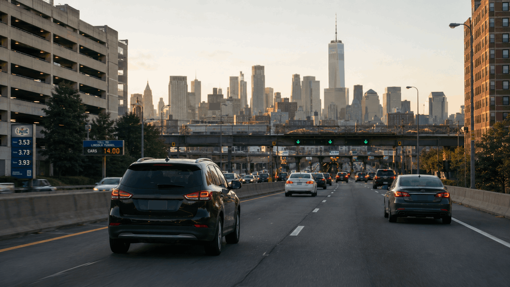 Morning traffic driving from Passaic, NJ toward Manhattan with the Lincoln Tunnel approach, highway toll signs, parking garage, and New York City skyline.