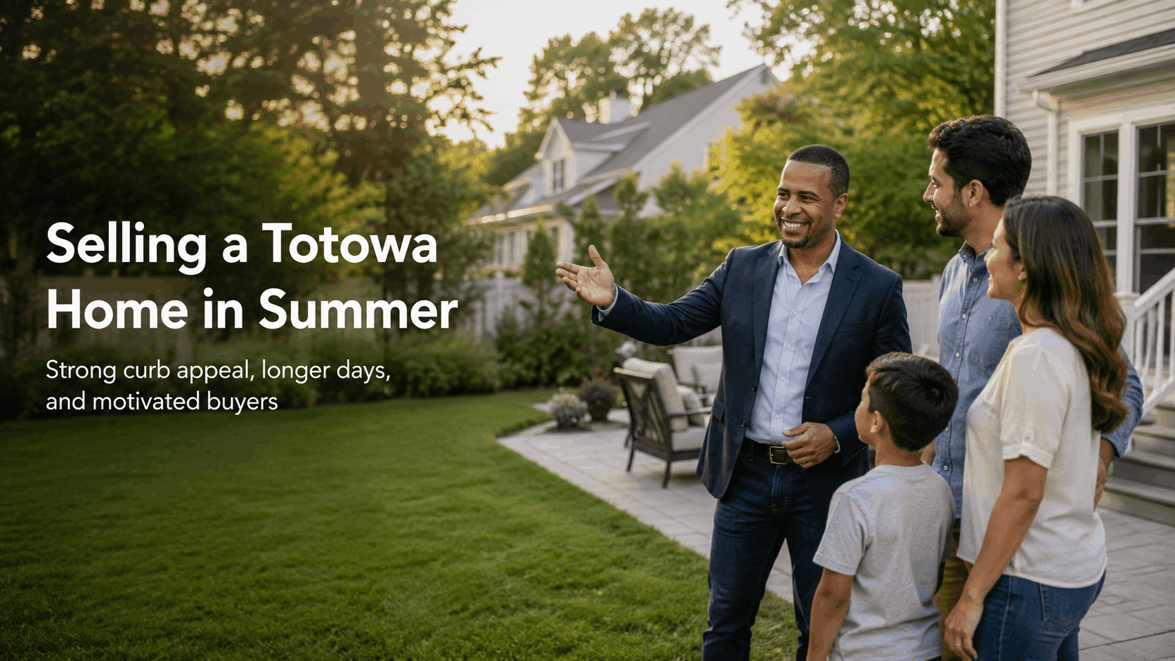 Latino real estate professional showing a family the landscaped backyard of a Totowa, New Jersey home during a summer property tour.