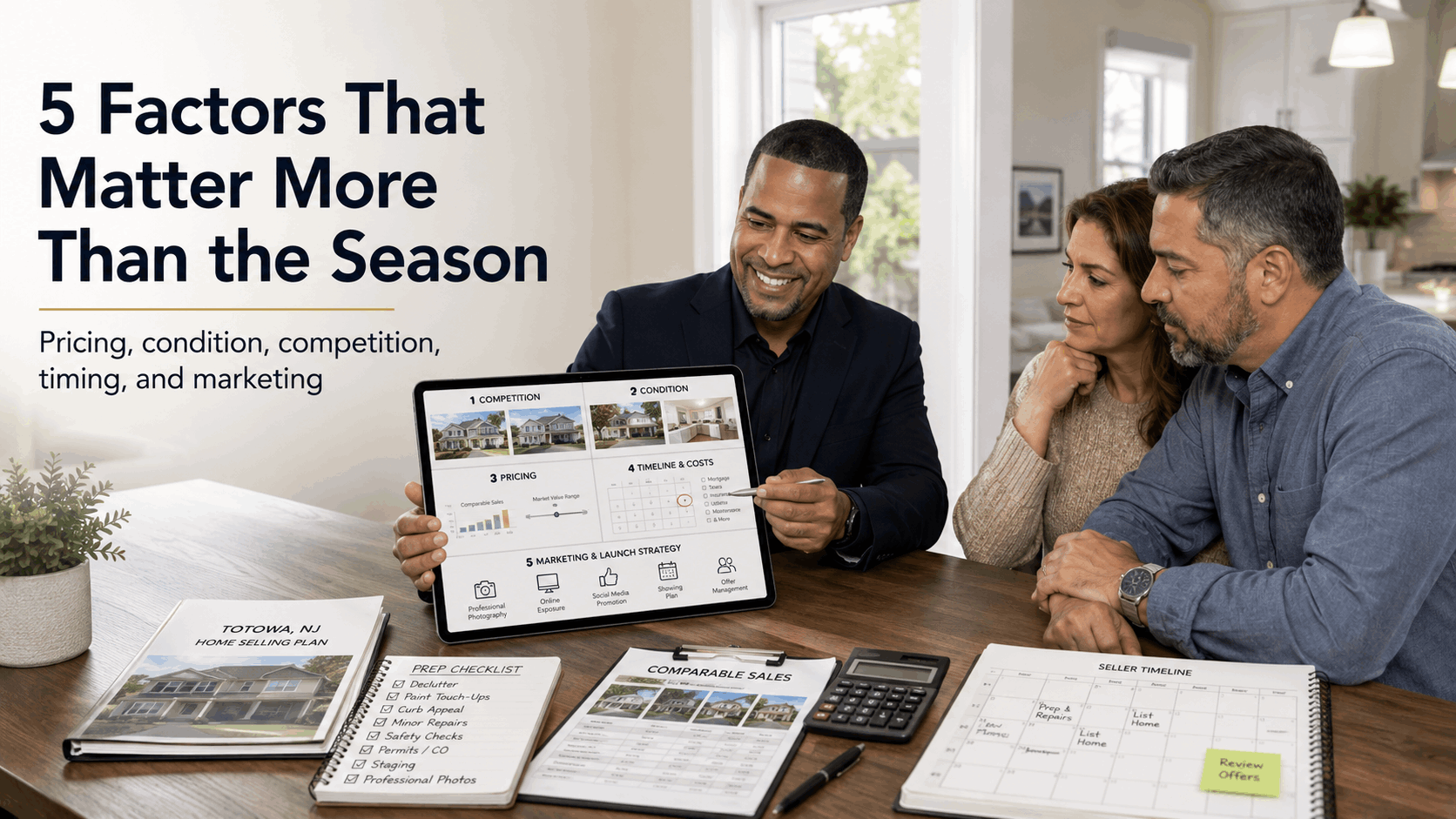 Latino real estate professional reviewing five key home-selling factors with Totowa homeowners, including pricing, condition, competition, timing, and marketing strategy.