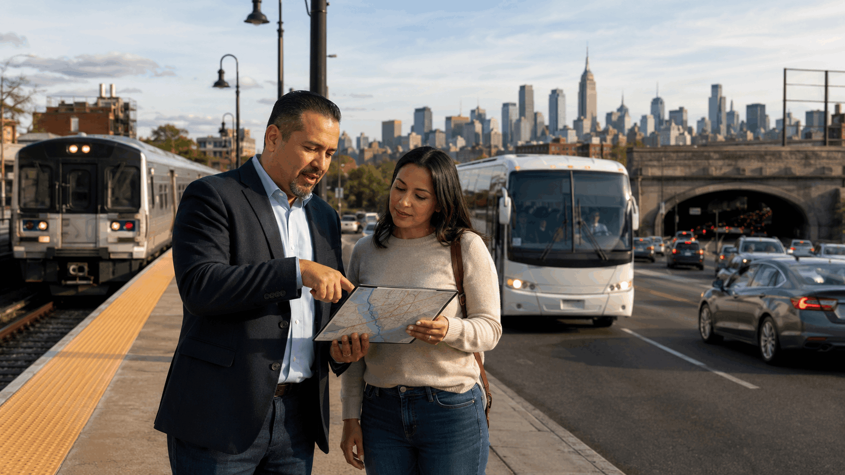 Latino real estate agent explains Passaic, NJ, to NYC commute options by train, bus, and car with Manhattan skyline.