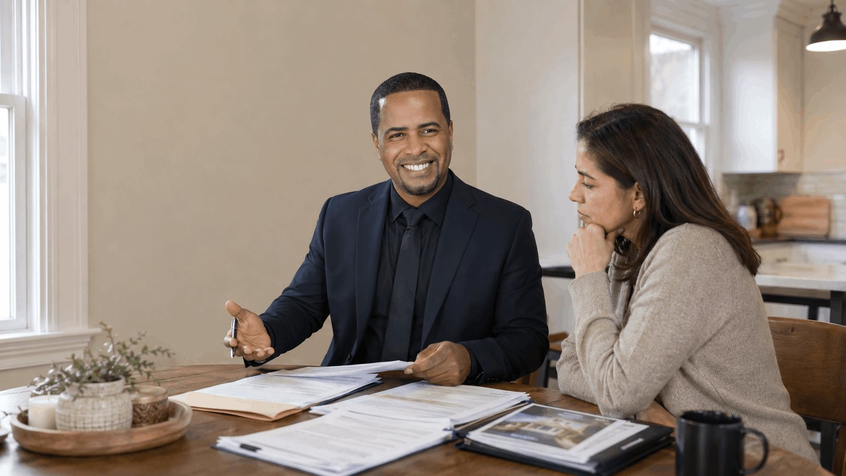 Confident Latino real estate professional explains probate property documents to a concerned beneficiary inside a North Jersey home.