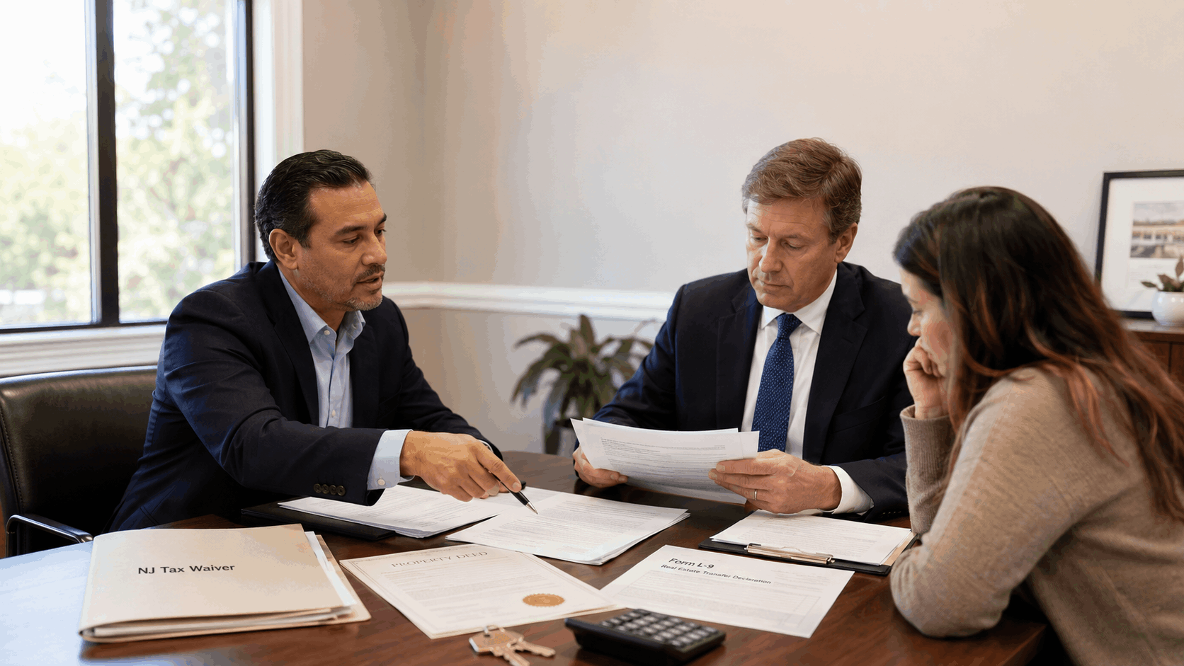 Confident Latino real estate professional reviewing New Jersey probate tax waiver documents, Form L-9, and property closing paperwork with an attorney and beneficiary.