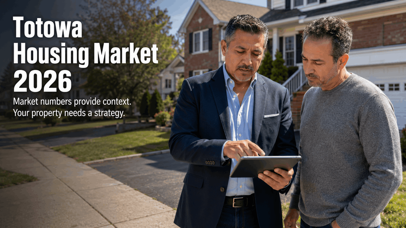 Latino real estate professional reviewing the 2026 Totowa housing market with a homeowner outside a suburban New Jersey home.