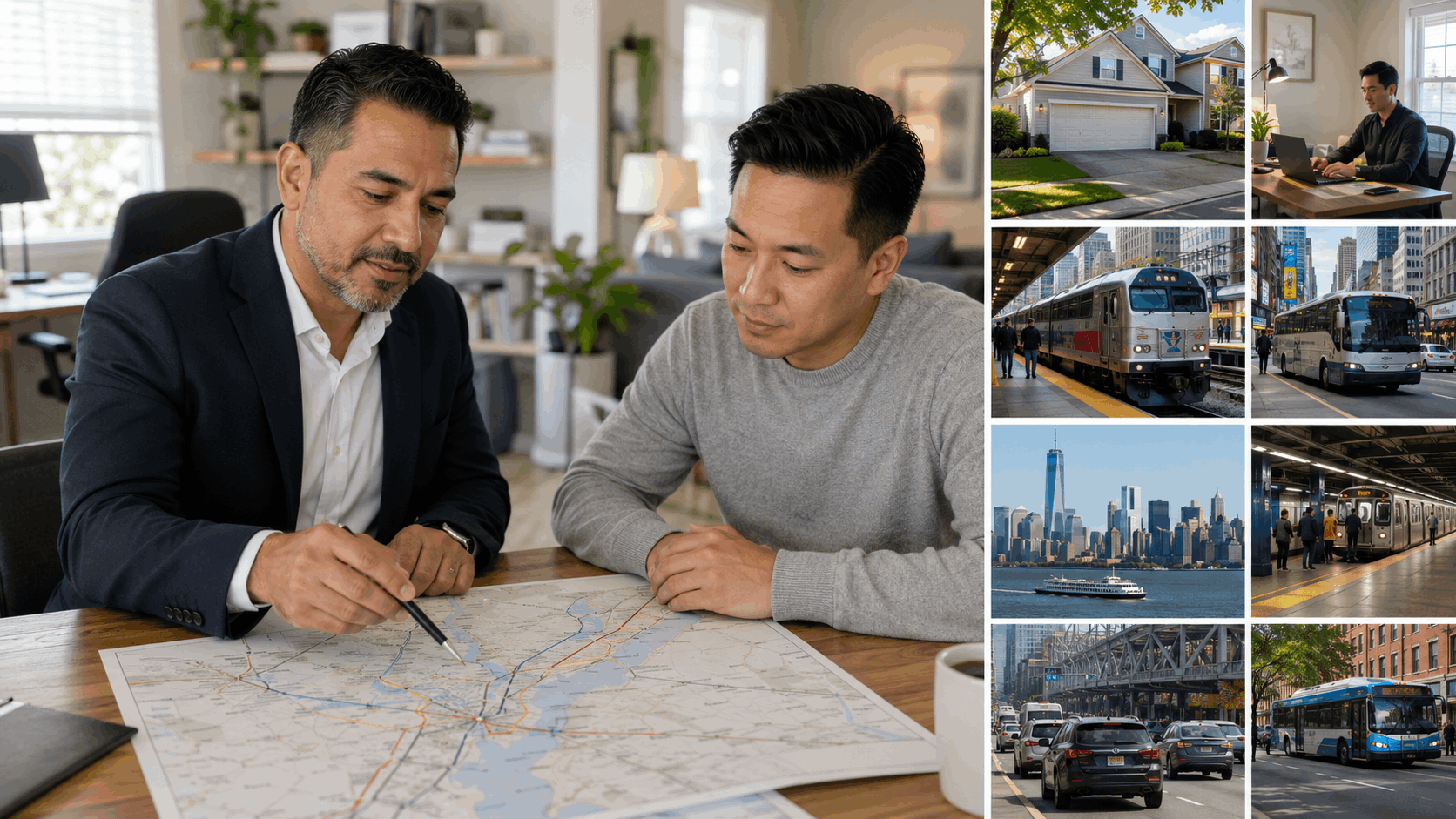 Latino real estate professional helps a Passaic NJ homebuyer compare train, bus, subway, driving, and hybrid work commute options to Manhattan.