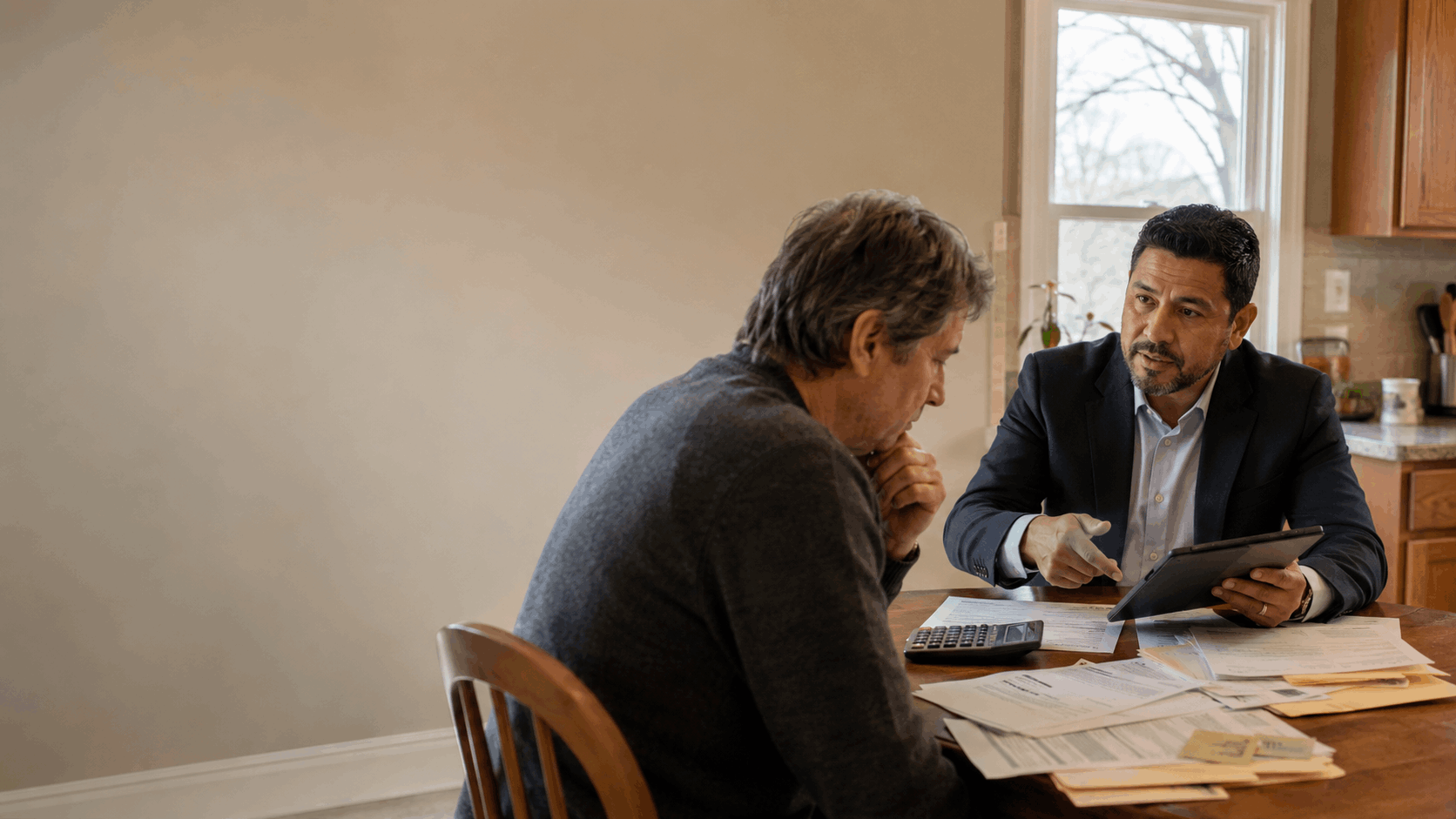 Confident Latino real estate professional reviewing mortgage, probate, and lien documents with a concerned heir inside a North Jersey home.