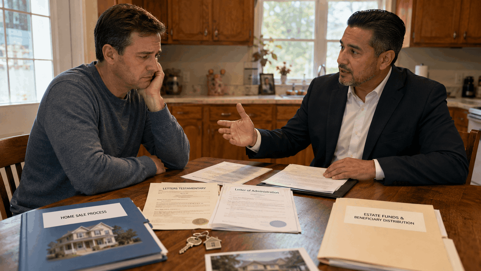 Confident Latino real estate professional explains probate home sale documents to a concerned beneficiary in a North Jersey home before probate is complete.